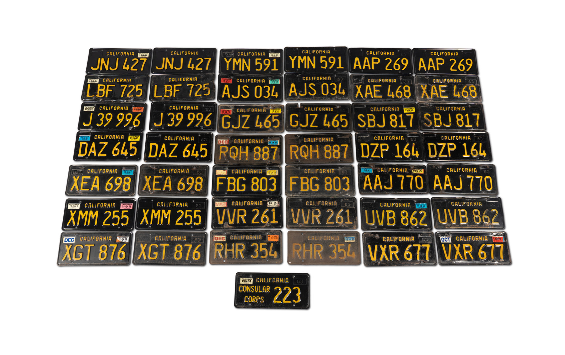 Assorted Pairs of California Black and Yellow License Plates, c. 1963